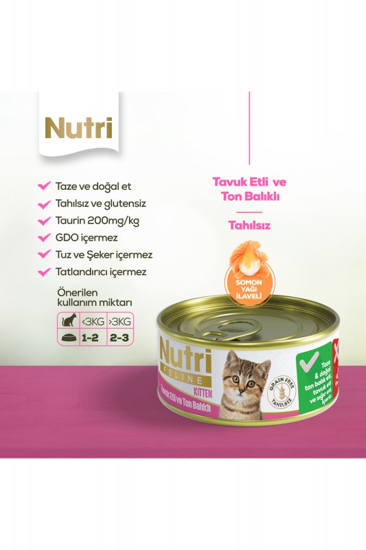 Nutri Feline Tahılsız Tavuk Etli ve Ton Balıklı Yavru Kedi Konserve Maması (85 g)